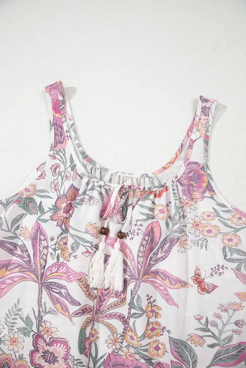 Multicolour Floral Print Fringed Tie U Neck Mini Dress - Love Salve